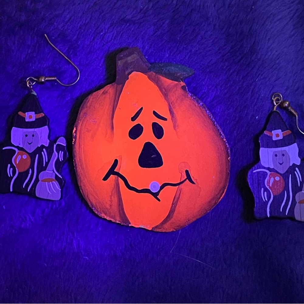 Vintage/style rustic jack-o’-lantern brooch & witch dangle earrings Halloween